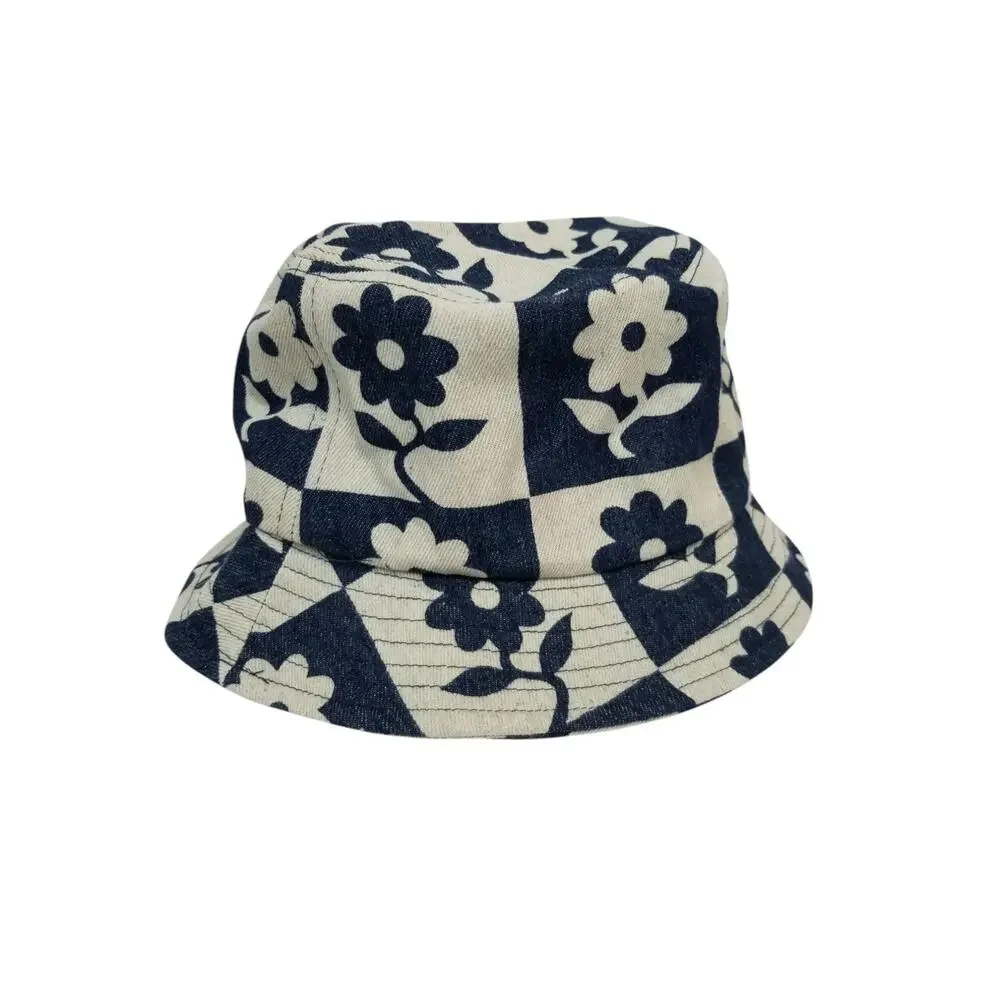 Floral Check Bucket Hat - Navy and Cream